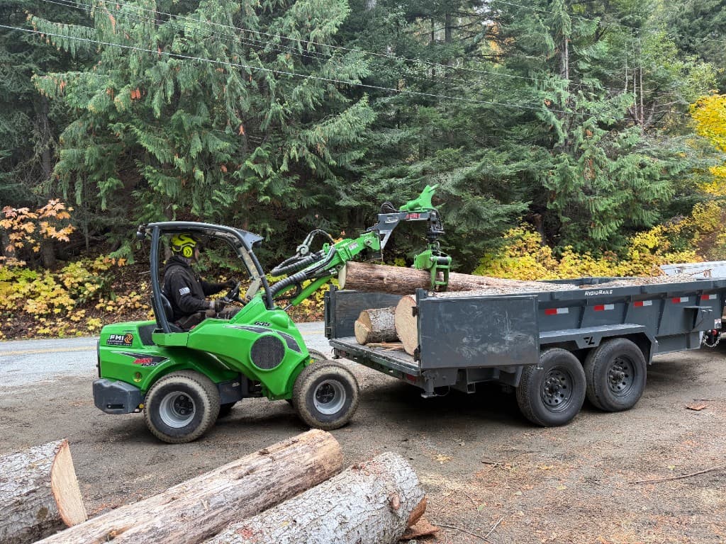 Compact loader placing a log into a dump trailer during debris removal