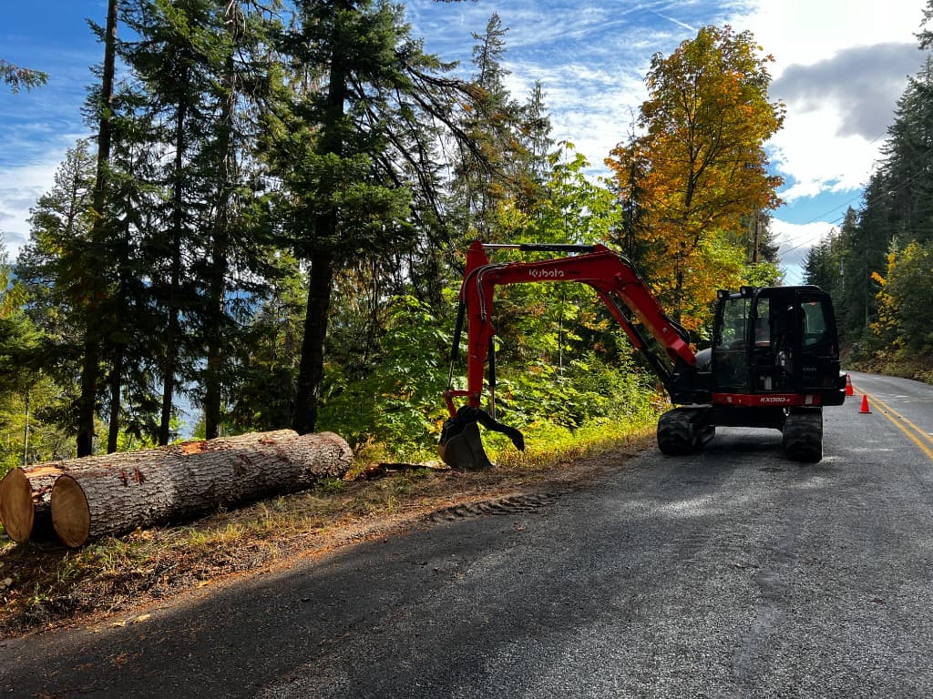 Tracked excavator beside a rural road with large cut logs ready for removal during lot clearing