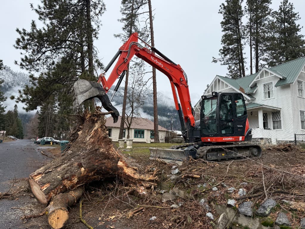 Excavator removing a large uprooted stump and root ball on a residential lot